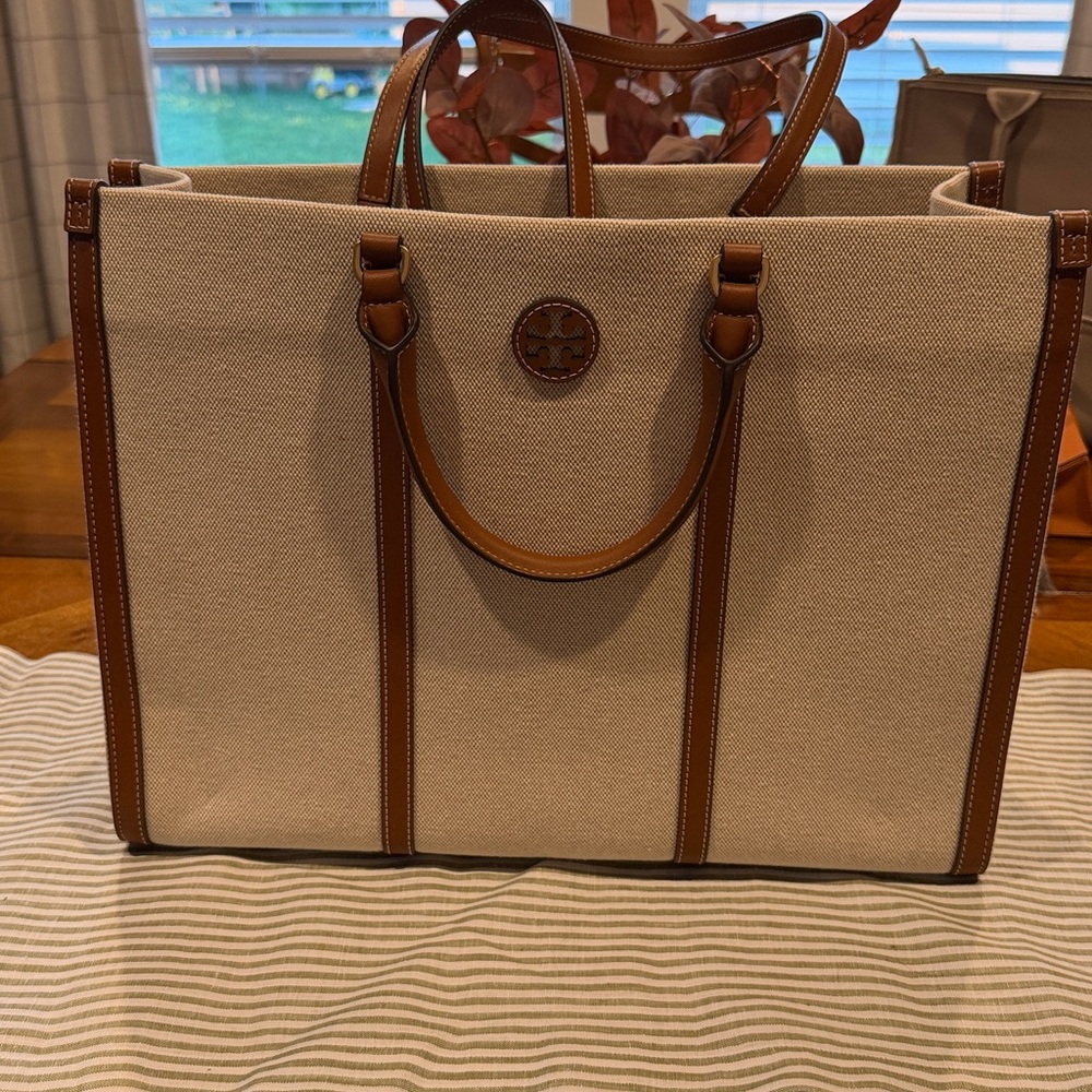 Tory Burch Blake Jumbo Canvas & Leather Tote -EUC